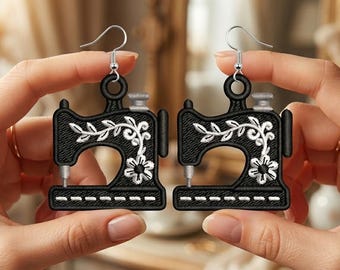 Pendientes de costura negros con diseño de bordado de máquina de coser FSL, pendientes de encaje independientes con aro, patrón de joyería, regalo para amantes de la costura.