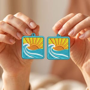 Blue Sunset FSL Earrings Embroidery Design, Freestanding Lace Summer Earrings Pattern, Ocean Wave Vacation Jewelry Digital Download