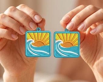 Diseño de bordado de pendientes FSL Atardecer Azul, patrón de pendientes de encaje independientes para verano, descarga digital de joyería de vacaciones con olas del océano