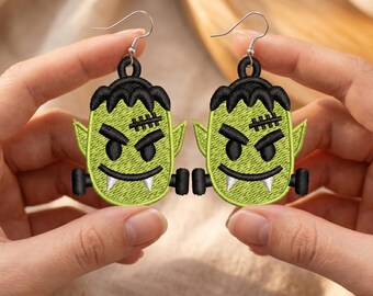 Diseño de bordado de pendientes de monstruo verde FSL, patrón de joyería de Halloween de monstruo, pendiente gótico bordado a máquina