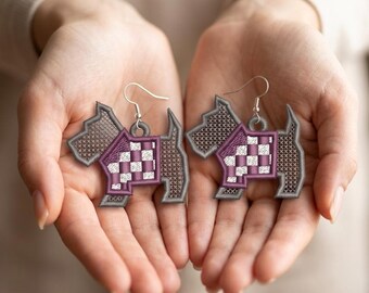 Diseño de bordado de pendientes de perro Scottie FSL, pendientes de encaje de terrier escocés, regalo para amantes de los perros, archivo de bordado a máquina, encaje independiente