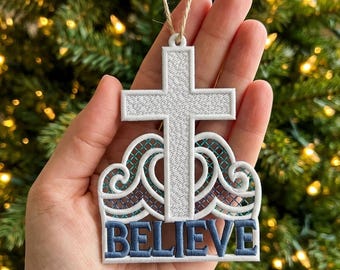 FSL Believe in Cross Embroidery Design, Free Standing Lace Christian Cross Ornament, Religious Machine Embroidery Instant Download