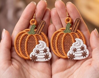 Icecream Pumpkin FSL Earrings Embroidery Design, Fall Coffee Earrings, Freestanding Lace Autumn Thanksgiving Halloween Machine Embroidery