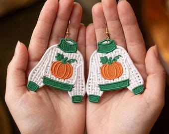 Diseño de bordado de pendientes de suéter de calabaza FSL, pendientes de encaje independientes para otoño, archivo de bordado a máquina de otoño, Acción de Gracias y Halloween