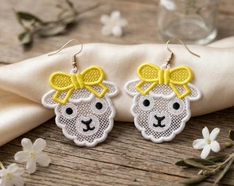 Diseño de bordado de pendientes Bow Lamb FSL, cara de oveja con lazo, joyería de encaje independiente, colgante con dije de animal de granja, archivo para bordado en bastidor.