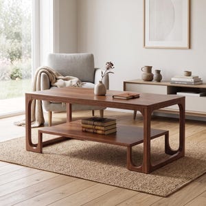 May include: A rectangular wooden coffee table with a dark brown finish, featuring a lower shelf and rounded U-shaped legs. The table surface holds a small ceramic vase with a dried plant stem and a closed notebook, while the lower shelf holds three books.