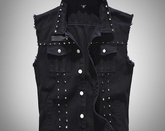 Retro Punk Gothic Denim Vest for Women | 1980s Rocker Motorcycle Vest | Studded Biker Style Sleeveless Jacket | Victorian Western Womens