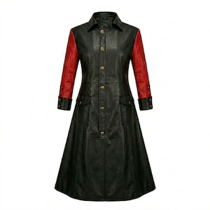 May include: A long black coat featuring contrasting red sleeves with black cuffs. The coat has a structured collar, a front button closure with metallic buttons, and two front pockets with flaps. The design is knee-length with a flared hemline.