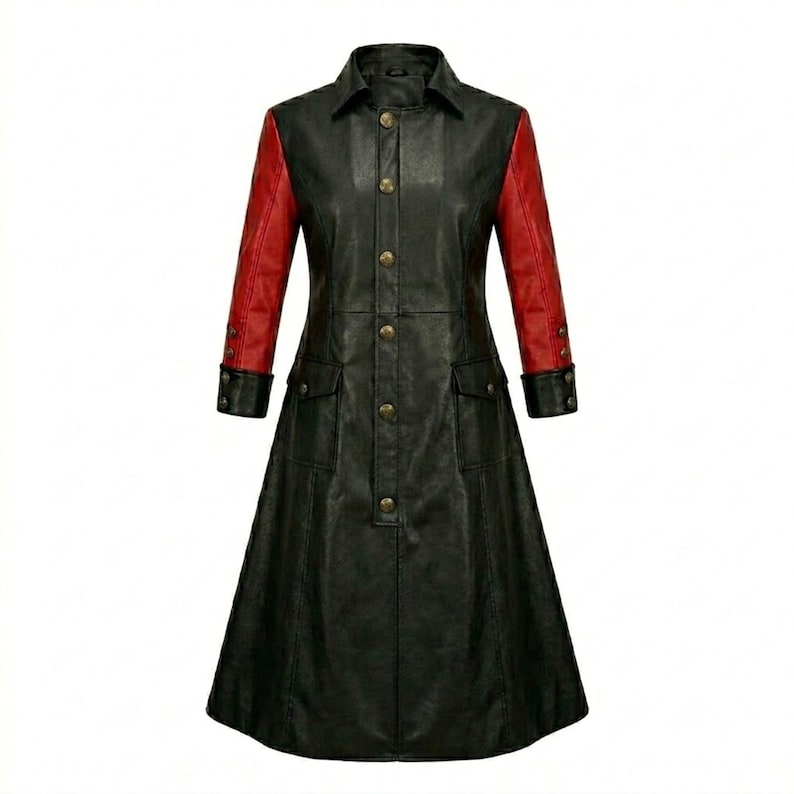 May include: A long black coat featuring contrasting red sleeves with black cuffs. The coat has a structured collar, a front button closure with metallic buttons, and two front pockets with flaps. The design is knee-length with a flared hemline.