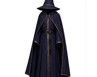 Handmade Blue Wizard Costume – Enchanted Archmage Robe with Hood Coat | Fantasy Wizard Cloak for Cosplay, Halloween & LARP - Magic Partie