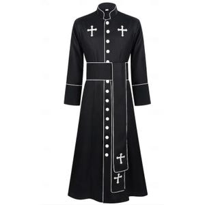 May include: A black long-sleeved cassock robe featuring a mandarin collar, white piping trim, and a vertical row of white buttons. The garment is decorated with white cross embroidery on the chest and the front panel, which includes a wide sash.