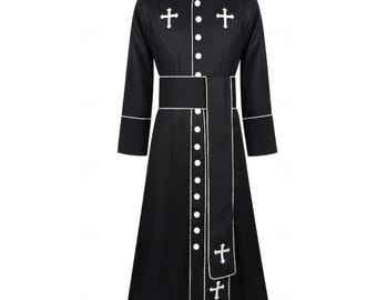 Black Priest Cassocks with Cincture Belt – Medieval Gothic Costume Coat, Custom LARP Cosplay Catholic Gift- Velvet Monk Robe Long Coats