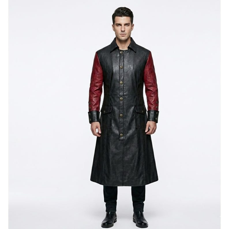 May include: A long, black, faux leather coat featuring contrasting red sleeves. The coat has a structured collar, a front button closure with metallic buttons, and two flap pockets at the waist. The design extends to the mid-calf length.