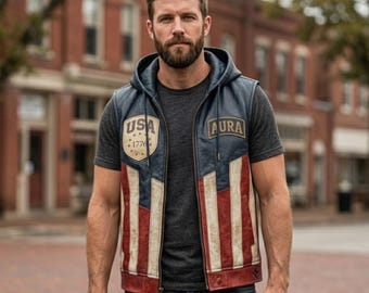 Custom American Flag Cowhide Leather Biker Vest | Unisex Patriotic - Western Cowboy Style | Formal Festival Outfit, Gift For Motorcycle