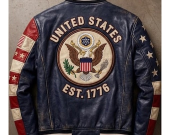 USA Flag Genuine Cowhide Leather Jacket | Men & Women – 4th of July - American Independence Day Biker Bomber Jacket | Custom Uncle Sam Coat
