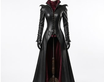 Custom Gothic Vampire Leather Queen Coat | Evil Queen Cosplay - Medieval Festivals or LARP Dark Fantasy Gown Victorian Women Witch Costume