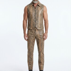 Custom Sheepskin Print Leather Vest with Pants Set | Vintage Python Biker Moto Riding Waistcoat & Trouser |  Halloween LARP Cosplay Costume