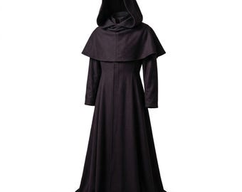 Black Hooded Monk Robe for Men – Medieval Gothic Costume Cloak, Custom Handmade LARP Cosplay Robe, Long Hooded With Cape