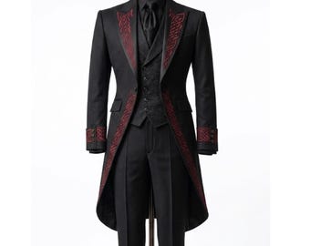 Royal Black Gothic Long Coat Set - Victorian Embroidered Wool Tailcoat Suit | Aristocrat Vampire Wedding Outfit | Steampunk Trench Coats