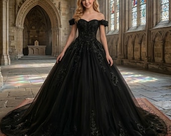 Black Wedding Dress - Off Shoulder Flowy Gothic Bridal Gown Elegant Bride | Custom Order Outfit Marriage Attire | Victorian Witchy Cosplay