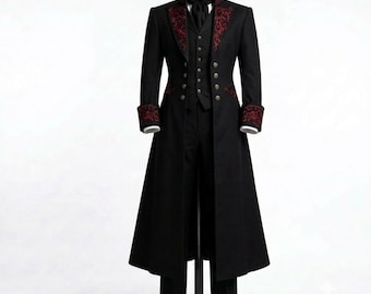 Men Gothic Victorian Tailcoat Black | Slim Fit Wedding Formal Jacket | Embroidered Long Coat |  Steampunk Coat Vintage Women Military Outfit