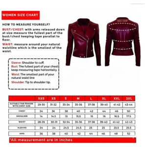 May include: A size chart for a dark red leather jacket, displaying front and back views of the garment with dashed lines indicating measurement points. The chart includes instructions on how to measure bust, waist, shoulder, and sleeve length.