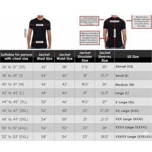 May include: A sizing chart for a jacket featuring two diagrams of a person in a black t-shirt with red measurement lines indicating chest, waist, shoulder, and sleeve length. The table lists measurements in inches for sizes XS to 5XL.