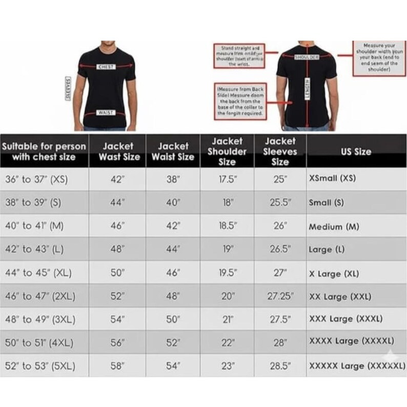 May include: A sizing chart for a jacket featuring two diagrams of a person in a black t-shirt with red measurement lines indicating chest, waist, shoulder, and sleeve length. The table lists measurements in inches for sizes XS to 5XL.