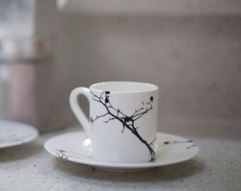 Twig Bone China Espresso Cup And Saucer, Monochrome Espresso Cup, London Plane Tree, Coffee Lover, Housewarming Gift, Gardener Gift