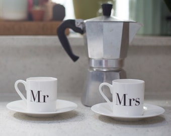 Mr & Mrs Bone China Espresso Cup and Saucer Set, Mr and Mrs Espresso Set, Wedding Gift, Engagement Gift, Couples Gift, Valentines Day Gift