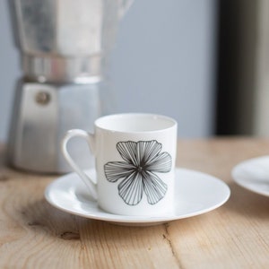 Cosmos Flower Bone China Espresso Cup And Saucer, Monochrome Espresso Cup, Coffee Cups, Coffee Lover, Housewarming Gift, Gardener Gift image 1