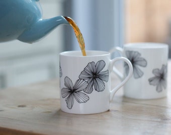 Cosmos Flower Bone China Mug, Monochrome Mug, Tea Mug, Tea Lover, Coffee Mug, Coffee Lover, Housewarming Gift, Gardener Gift, Birthday Gift