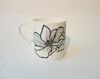 Anemone Flower Bone China Mug, Monochrome Mug, Tea Mug, Tea Lover, Coffee Mug, Flower Mug, Gardener Gift, Housewarming Gift, Birthday Gift