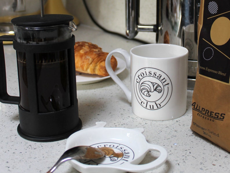 Croissant Club Bone China Mug, Monochrome Mug, Tea Mug, Coffee Mug, Croissant Mug, Housewarming Gift, Birthday Gift, Funny Gift image 1