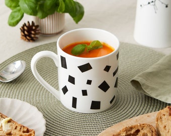 Black Confetti Bone China Pint Mug, Cut Outs, Geometric Shapes, Monochrome Mug, Tea Mug, Coffee Mug, Black and White Giant Mug