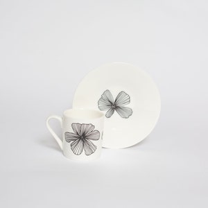 Cosmos Flower Bone China Espresso Cup And Saucer, Monochrome Espresso Cup, Coffee Cups, Coffee Lover, Housewarming Gift, Gardener Gift image 3