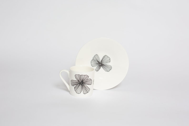 Cosmos Flower Bone China Espresso Cup And Saucer, Monochrome Espresso Cup, Coffee Cups, Coffee Lover, Housewarming Gift, Gardener Gift image 3