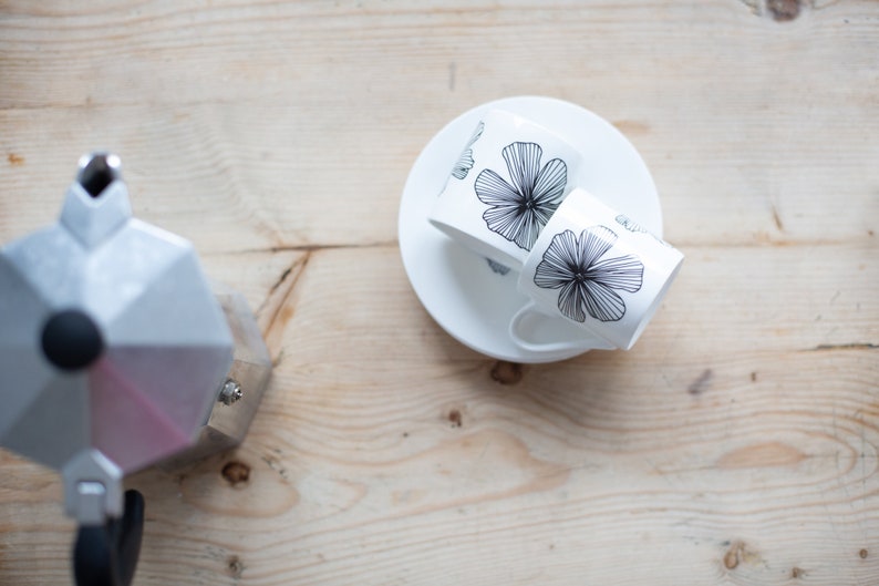 Cosmos Flower Bone China Espresso Cup And Saucer, Monochrome Espresso Cup, Coffee Cups, Coffee Lover, Housewarming Gift, Gardener Gift immagine 7