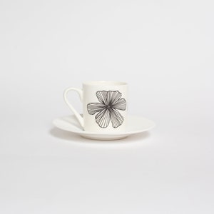 Cosmos Flower Bone China Espresso Cup And Saucer, Monochrome Espresso Cup, Coffee Cups, Coffee Lover, Housewarming Gift, Gardener Gift image 2