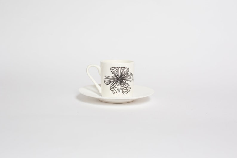 Cosmos Flower Bone China Espresso Cup And Saucer, Monochrome Espresso Cup, Coffee Cups, Coffee Lover, Housewarming Gift, Gardener Gift image 2