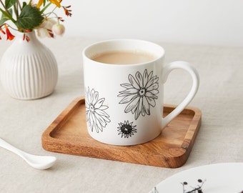 Black-eyed Susan Flower Bone China Pint Mug, Monochrome Mug, Tea Mug, Tea Lover, Coffee Mug, Gardener Gift, Giant Mug, Flower Mug