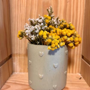 Peut inclure: Un petit vase cylindrique vert clair orné de cœurs en relief, rempli d'un mélange de fleurs séchées jaunes et blanches. Le vase est posé sur une étagère en bois devant un fond en bois, créant une esthétique rustique.