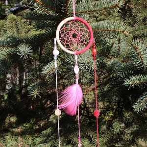 May include: A pink and white dreamcatcher with feathers and beads hanging from it. The dreamcatcher is hanging from a tree branch.