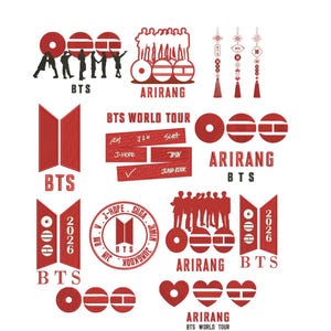 Peut inclure: Une collection de logos et graphiques BTS et Arirang rouges et blancs. L'image comprend du texte tel que "BTS WORLD TOUR", "2026" et les noms des membres. Des silhouettes de personnes sont également présentées.