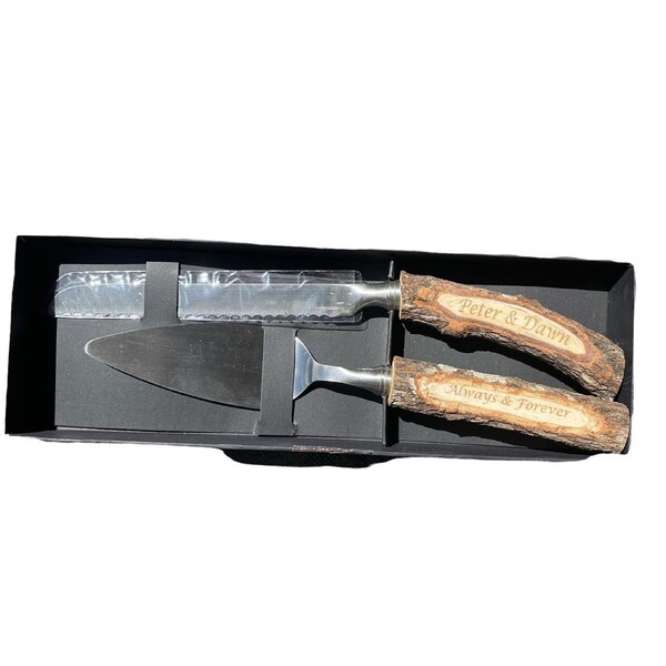 Wedding Cake Serving set with log Handles Engraved Cake Knife & Server