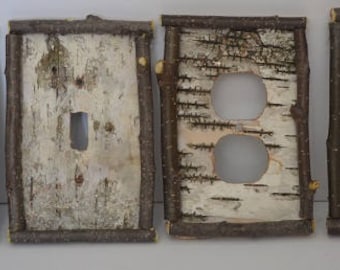 Birch Bark switch plate covers, light switch cover,  Receptacle and Rocker Plate Covers