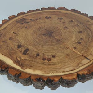 May include: A large, round wooden slice with a natural bark edge. The wood has a light brown color with darker brown rings and a natural grain pattern.