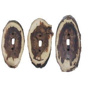 May include: Three wooden light switch covers. Each cover is made from a slice of a tree trunk, showcasing the natural wood grain and bark edges. The covers have a rectangular opening for the switch and two small holes for mounting.