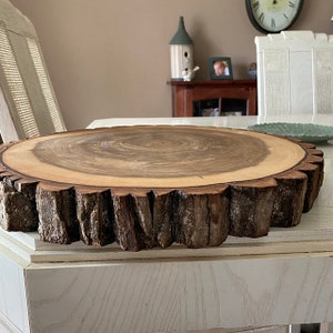 Rustic Wedding Cake Stand, Cutting Board, Charcuterie, or Center Piece, NO Legs, With Bark, Wedding, Engraving 11"- 24" x 1 1/4"- 2" thick