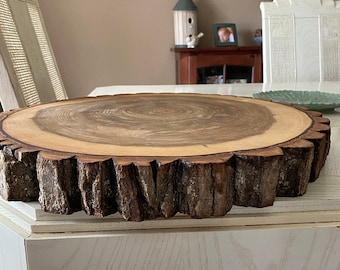 Rustic Wedding Cake Stand, Cutting Board, Charcuterie, or Center Piece, NO Legs, With Bark, Wedding, Engraving 11&quot;- 24&quot; x 1 1/4&quot;- 2&quot; thick